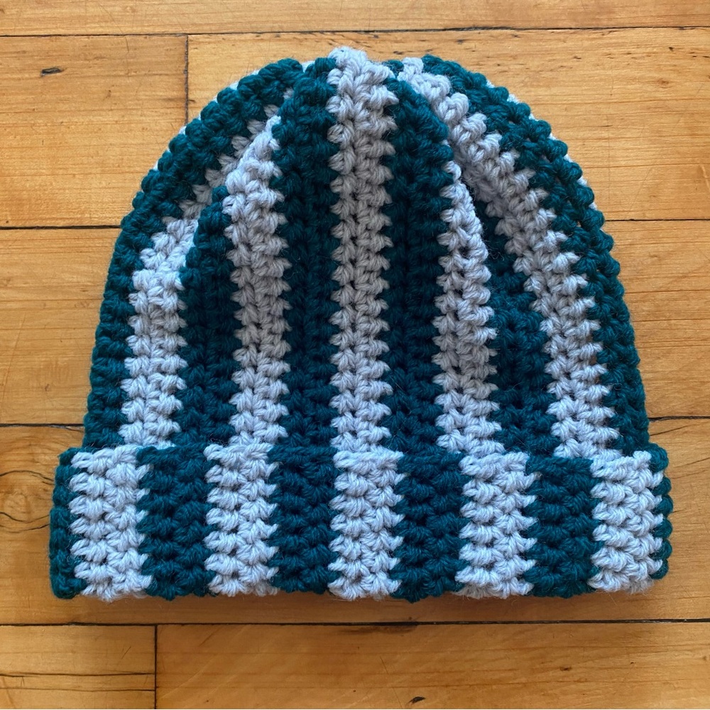 💙💚 One of One - Hand Made Teal and Icy Blue Striped Beanie